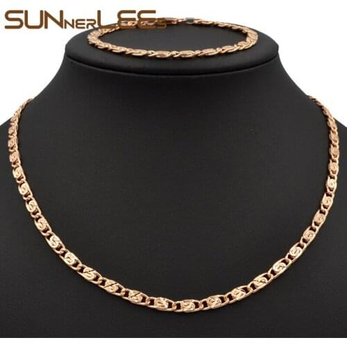 SUNNERLEES Fashion Jewelry Rose Gold Color Necklace Bracelet Set 4mm Snail Link Chain For Mens Womens Gift C15 S