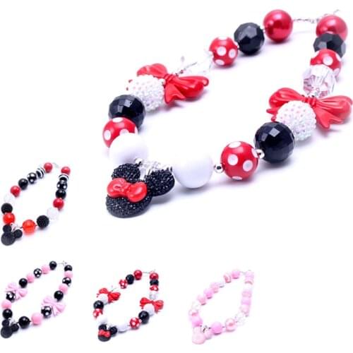 MHS.SUN New Fashion Kids jewelry Mickey pendant Necklace Lovely Girls Bowknot Bubblegum Necklace Round beads neckalce 2017 BN006