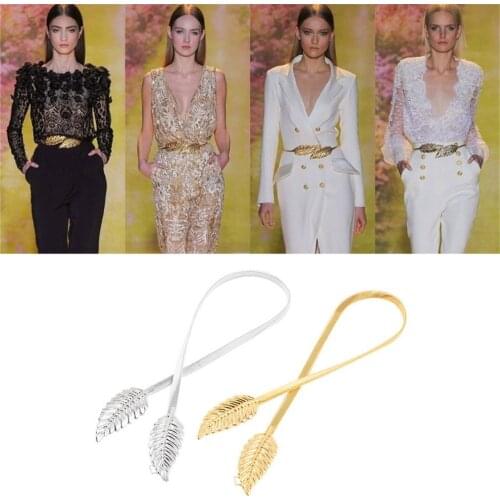 Fashion Women Vintage Belts Leaf Shape Belt Metal Leaves Cummerbund Clasp Front Stretch Waistband Gold Silver Elastic Waist Belt