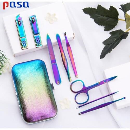 8pcS/set Rainbow Manicure Nail Clippers Pedicure Set Portable Travel Hygiene Kit Stainless Steel Nail Cutter Tool Set
