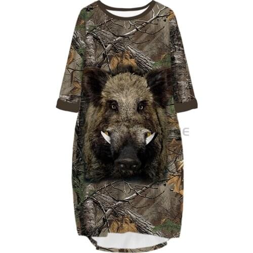 New Fashion Hunting 3D Print Long Boar Pocket Loose Casual Robe Summer Dress Traf For Women V9