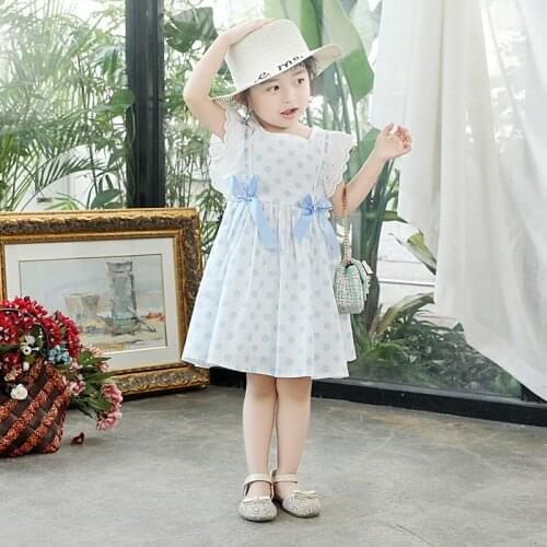 2020 New Summer Dress Dot Flower Baby Little Girls Children Cotton Lace Bow-knot Cute Dress, Blue/red