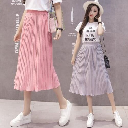 New Middle Long Chiffon Pleated Skirt Summer Pure Color Elastic High Waist Preppy Style Thin Lotus Leaf Side Skirts Womens