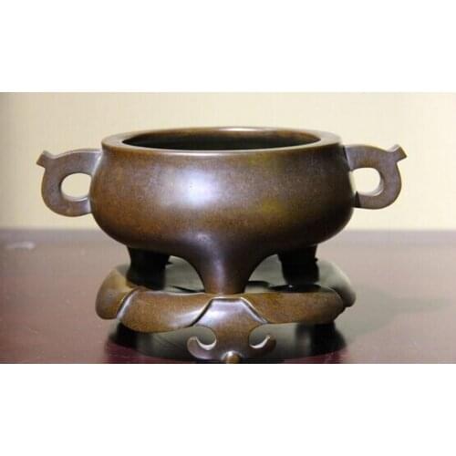 Song voge gem S0254 Tibet Buddhism Temple Purple Copper Double Ears Lotus leaf Censer Incense burner