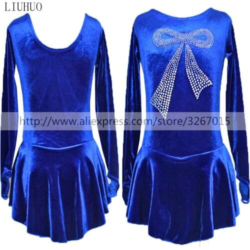 Figure Skating Dress Womens Girls' Ice Skating DressCompetitive performance clothing Blue long sleeve Shiny rhinestone pattern