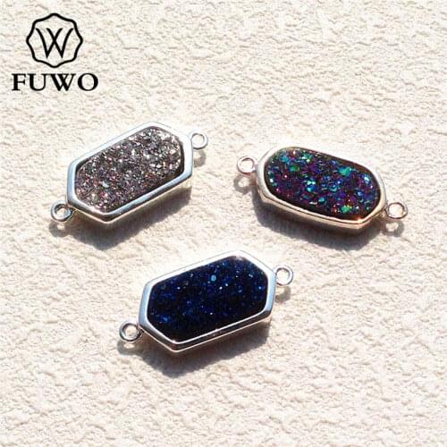 FUWO Angel Aura Druzy Agates Connector Pendant With Brass Bezel Trimmed Double Bails Raw Quartz Charm For Jewelry Making PD128