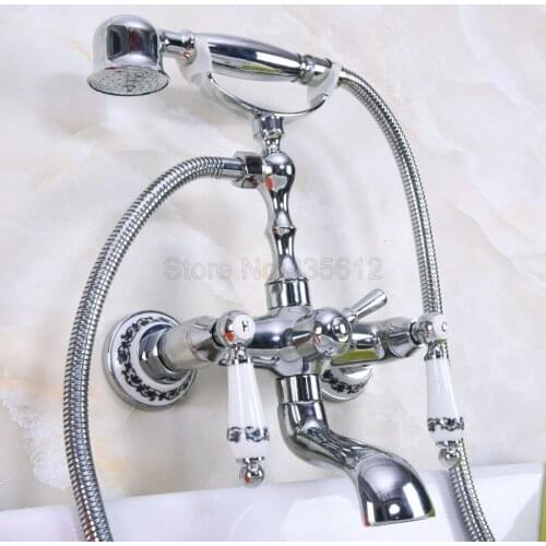 Polished Chrome Bathroom Bathtub Faucet Mixer Tap Wall Mounted Hand Held Shower Head Kit Shower Faucet Sets tna206