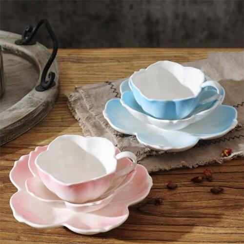 European Light Luxury Ceramic Flower Shape Coffee Cup with Saucer Dessert Tray Set Romantic Afternoon Tea Milk Cup Cake Dish