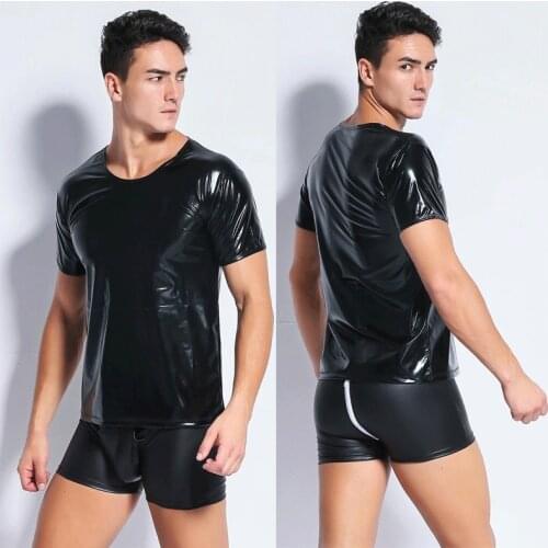 Sexy Lingerie EUROPE SEXY PVC RUBBER LATEX MENS T SHIRT EROTIC GAY VEST SUSPENDERS FETISH X6743
