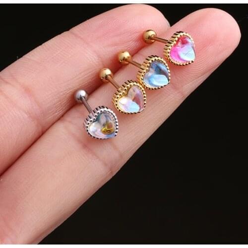 1PC 20G Blue Moonstone Heart Cartilage Stud Earring Cubic Zirconia Helix Tragus Conch Screw Back Earring Piercing Jewelryпирсинг