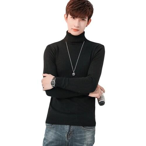 Mens Slim Turtleneck Sweater Solid Color Bottoming Knit Sweater Autumn Winter Black Warm Tight Male Turn-down Collar Sweater