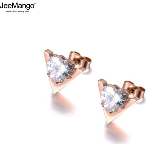 JeeMango Trendy Heart Shape Clear CZ Crystal Stud Earrings Jewelry Rose Gold Stainless Steel Earrings For Women Girls JE19149