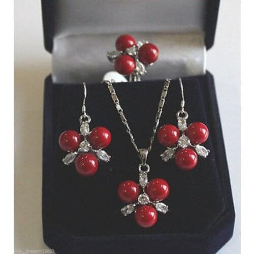 Nobility Lucky womens natural 8mm Red South Sea Shell Pearl Crystal Earring Pendant Ring Set hook CZ Luxury Ms. girl