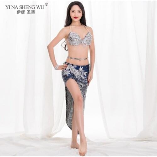 New Bling Bling Belly Dance Costume Sequin Bra Mermaid Skirt Women Oriental Dance Performance Stage Show Rhinestone Shiny Blue