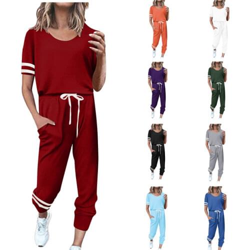 Summer Womens Clothes Female Color Matching Tacksuit Code Loose Pure Color Leisure Suit 2021 Spot With Short Sleeves Clothing