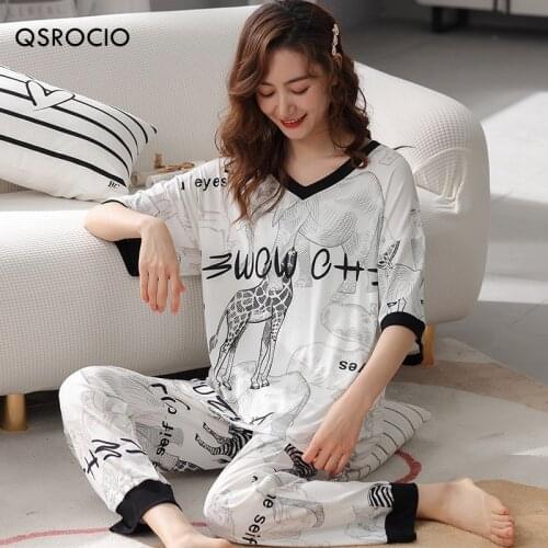 QSROCIO Summer Womens Pajamas Set Fashion Zoo Animals Print Short Sleeve V Neck Sleepwear Modal Nightwear Suit Pyjamas Femme