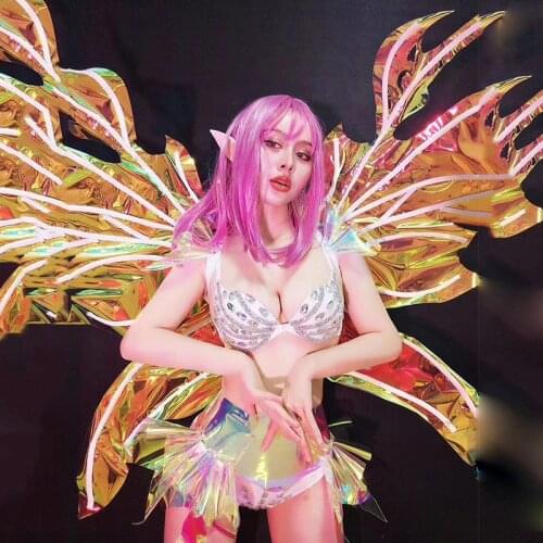 Sexy Rhinestone Bikini White Birthday Outfits For Women Pole Dance Butterfly Wings Party Gogo Cosplay Stage Costume VDB3386