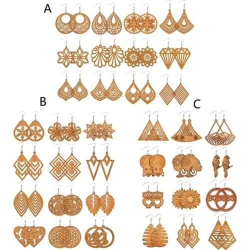 12 Pairs African Wooden Drop Earrings Bohemian Wood Pendant Dangle Earrings Kit