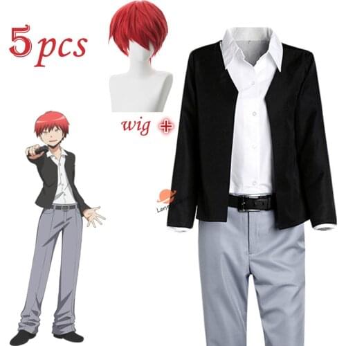 Anime Assassination Classroom Karma Akabane Cosplay Costume Red Wig Coat Shirt Pants Belt Halloween Party Suit Uniform Unisex