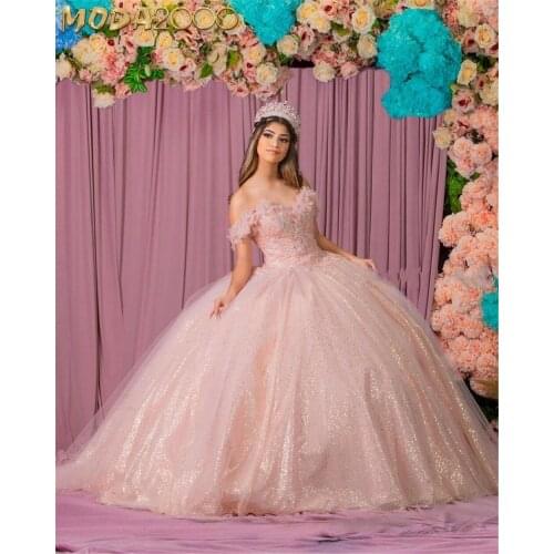 2021 Shining Pink Ball Gown Quinceanera Dresses Beaded Off Shoulder Tulle Sequined Sweet 15 16 Dress XV Party Wear