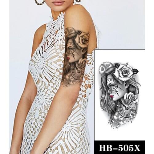 Clock Compass Tattoo Sticker Fake Black Rose Flower Gears Waterproof Temporary Tattoo for Women Men Red Lips Totem Tatoo Sticker