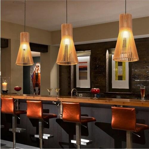 Wood Hanging Light Natural Wooden Pendant Light Modern Wood Pendant Lamp E27 LED Lighting For Living Room Kitchen