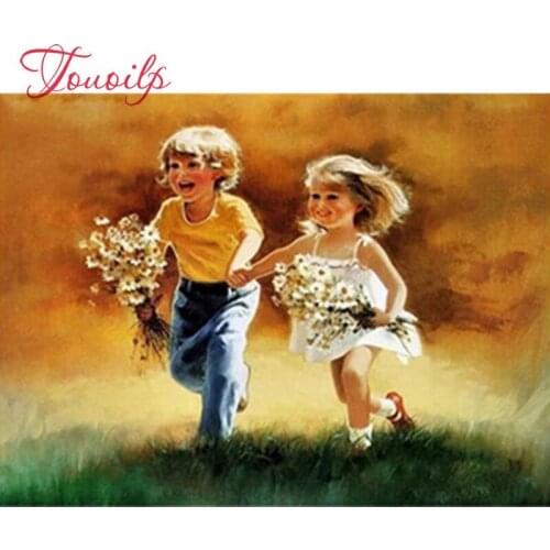 Bricolage Diamant Broderie paysage 5d Diamant Peinture par numéros Photos Vente Kits Mosaïque Pleine Ronde Forage Deux Enfants