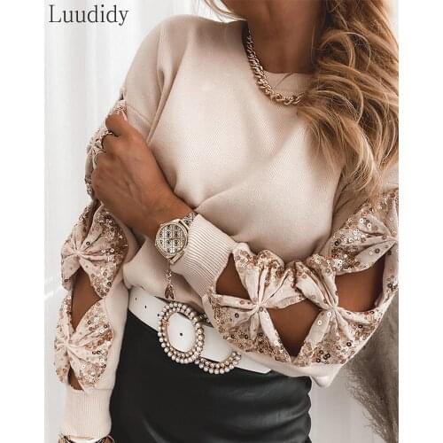 Women Sequin Bowknot Cut-out Long Sleeve Sweater Knitted Pullover Jumper Women