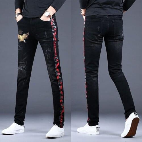 Men’s high quality embroidery stretch denim pants slimming black jeans street fashion casual jeans for men