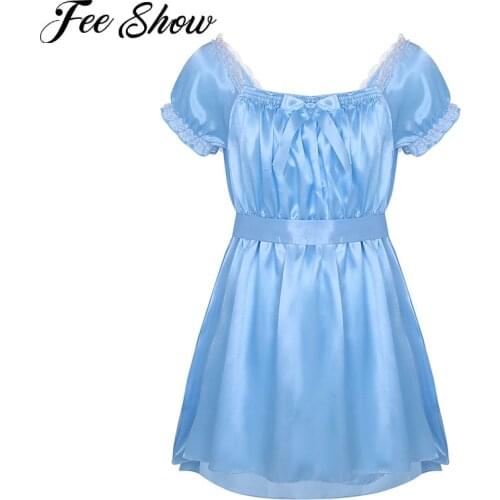 FEESHOW Men Man Nightdress Shiny Satin Solid Square Neck Sleep Top Dress Nightwear Nightshirt Lingerie & Sash Gay Male Sexy Lace Elastic Waistband Crossdress Sleepwear Underwear