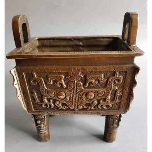 China brass double dragon grain tripod crafts statue