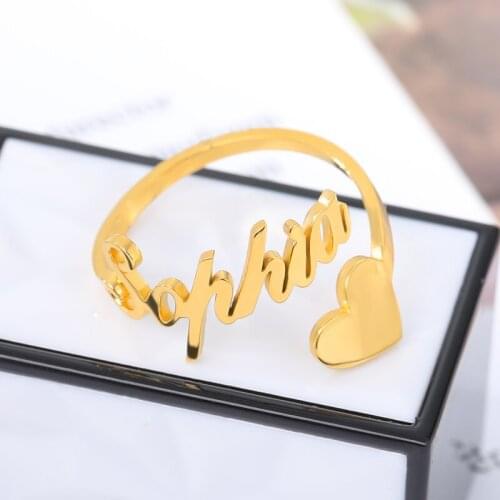 Custom Heart Name Ring Personalized Heart Ring Adjustable Size Stainless Steel Unique Jewelry For Women Girl Wedding Rings Gift