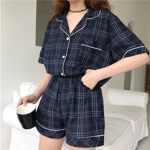 2 Pieces Plaid Pajamas Set Women Fashion Summer Sleepwear Short Sleeve Shirt+Shorts Vintage Leisure Wear Pocket Pijamas S1013
