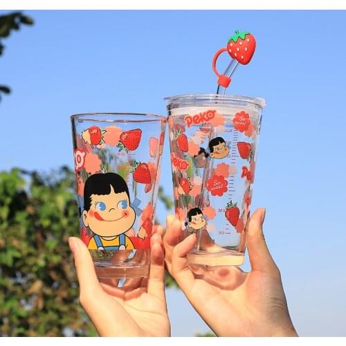 Good-looking Girl Heart Cherry Blossom Glass with Cover Summer Home Flush Milk Constellation Straw Scale Cup Cute Water Bottle
