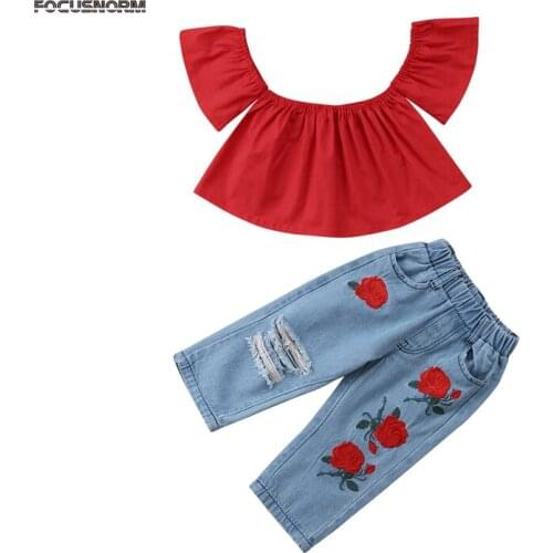 2-7Y Summer Fashion Casual Toddler Baby Girls Sets Off Shoulder Short Petal Sleeve Red T-Shirts Tops Floral Denim Blue Pants