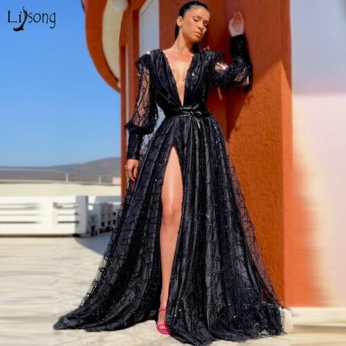 Fashion Black Sequined Lace Long Evening Dresses Deep V-neck High Side Split Evening Gowns See Thru Full Sleeves Party Dress