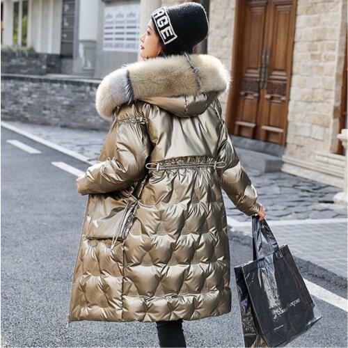 Fashion Fox fur Hooded Parkas Women 2021New Winter Glossy Down Jacket Green Black Gold Female Warm Thicken Long Coat Overcoat