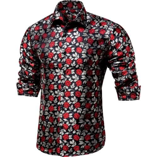 Hi-Tie Silver Red Rose Floral Casual Men Shirt Luxury Silk Shirt For Men Wedding Dress Fashion Slim Fit Long Sleeve dropshipping