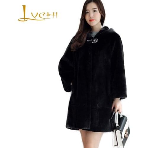 LVCHI Winter 2019 Long Sleeve Mink Coats Pocket Real Mink Fur Coat Natural Fur Causal Womens With Fur Hood Long Mink Coat