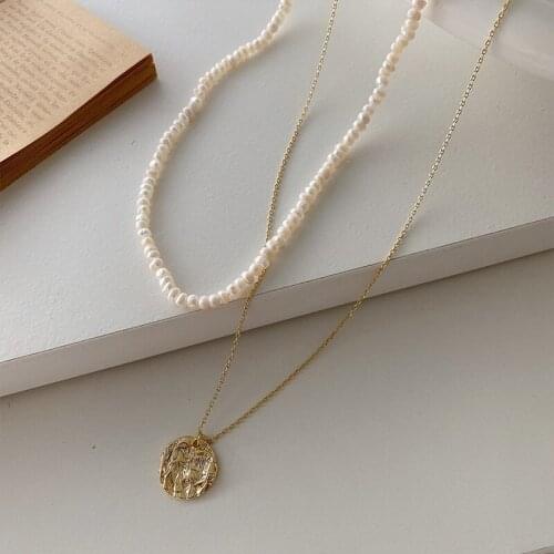 ALLNEWME French Double Layers Natural Freshwater Pearls Necklace for Women Gold Color Coin Pendant Chokers Necklaces Jewellery