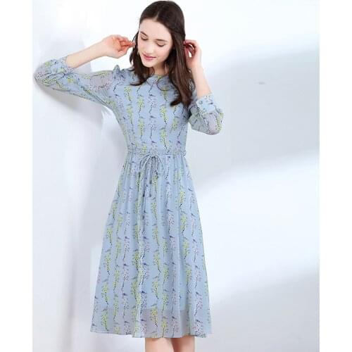 Abrin Autumn Printed Chiffon Dress For Women Elegant Floral Long Party Dress Slim Sashes Casual Female Vestidos Office Lady