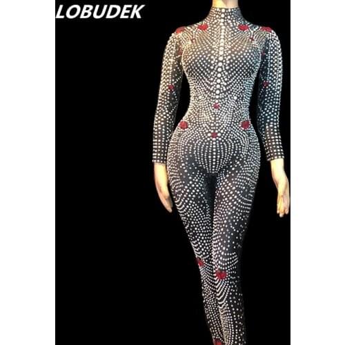 Full Rhinestones Pearls Black Jumpsuit Fashion Women Birthday Celebration Crystals Rompers Bar Club Singer Dancer Stage Costume