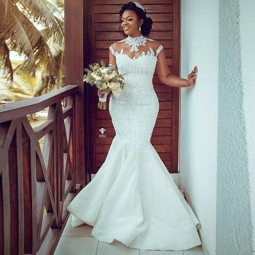 Luxurious Arabic Aso Ebi Lace Appliques High Neck Bridal Gowns Crystals Beaded Elegant Mermaid Shinny Wedding Dress Robe Mariee