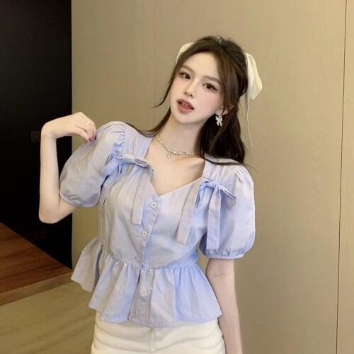Doll Shirt Short-sleeved Shirt Summer Bow Tie Solid Color Womens Ruffle Pullover Retro Shirt Womens Sexy Top