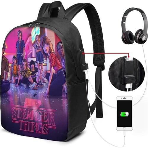 Stranger Things USB Casual Backpacks Men Women Carry On Travel Backpack Children Boys Girls School Book Backpacking Bag 17in