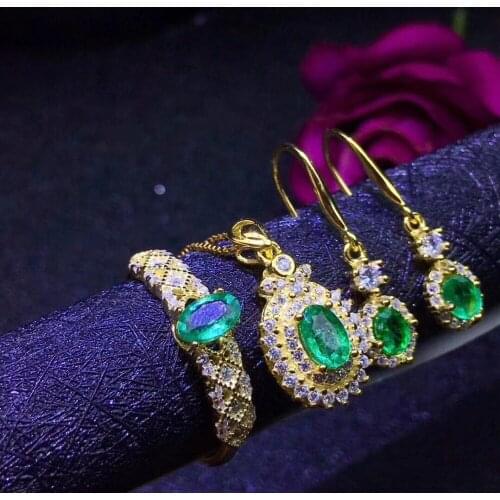 Natural and Real Emerald jewelry set Natural Real Emerald 925 sterling silver 1pc pendant,1pc ring ,2pcs Earring