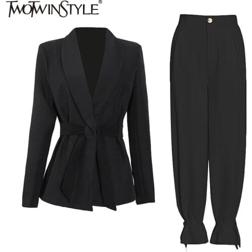 TWOTWINSTYLE Casual Black Two Piece Set For Women Notched Long Sleeve Blazers High Waist Loose Pants Solid Sets Females 2021 New