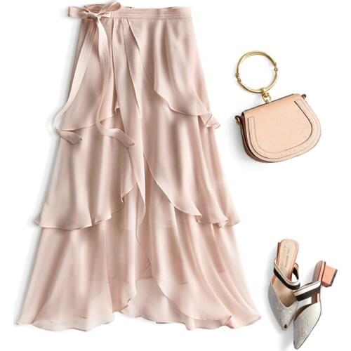 Asymmetrical Chiffon Ruffles Women Skirts Summer New 2021 High Waist A-Line Knee-Length Elegant Office Lady Clothing