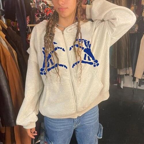 Women Printed Jackets White Hoodie Long Sleeve Swearshirts Skeleton Loose Casual Cute Outwear Women Hoody Autumn Korean Fashion
