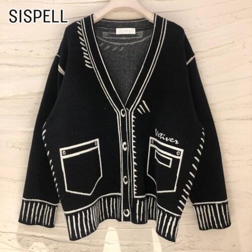 SISPELL Print Hit Color Sweater Coat For Female Deep V Neck Long Sleeve Loose Womens Casual Coat Fashion Spring 2021